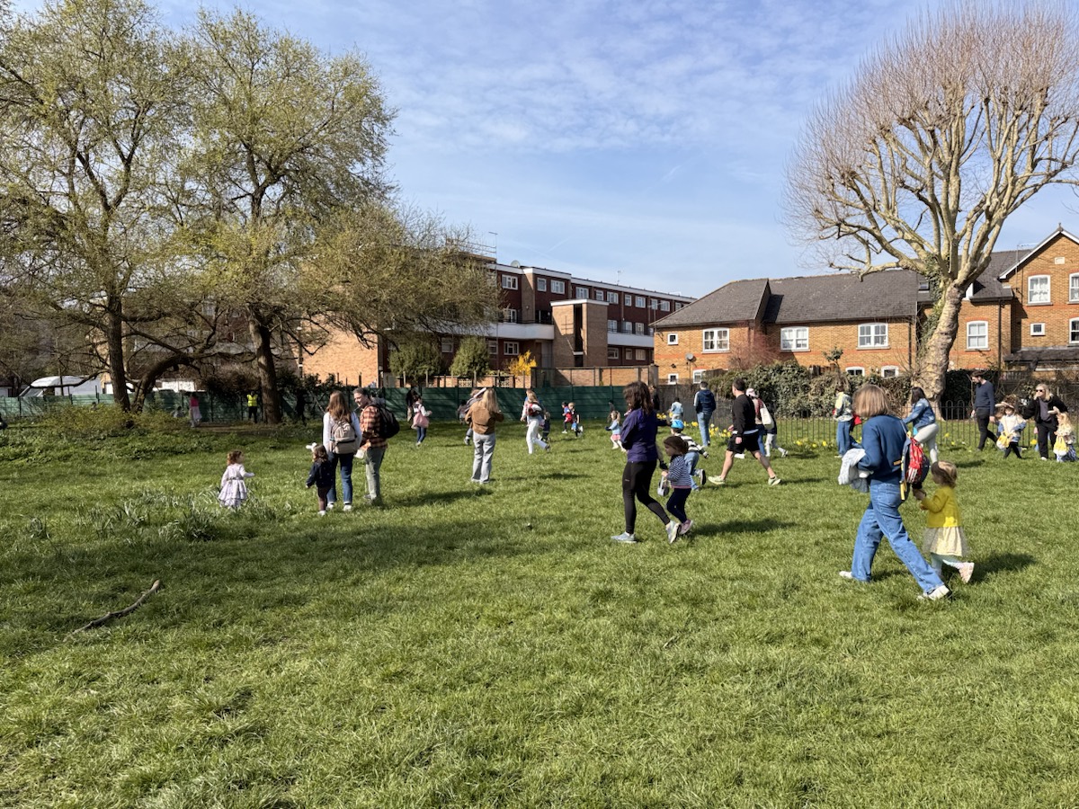 Families gathering for the Easter Egg Hunt at Elm Road Recreation Ground